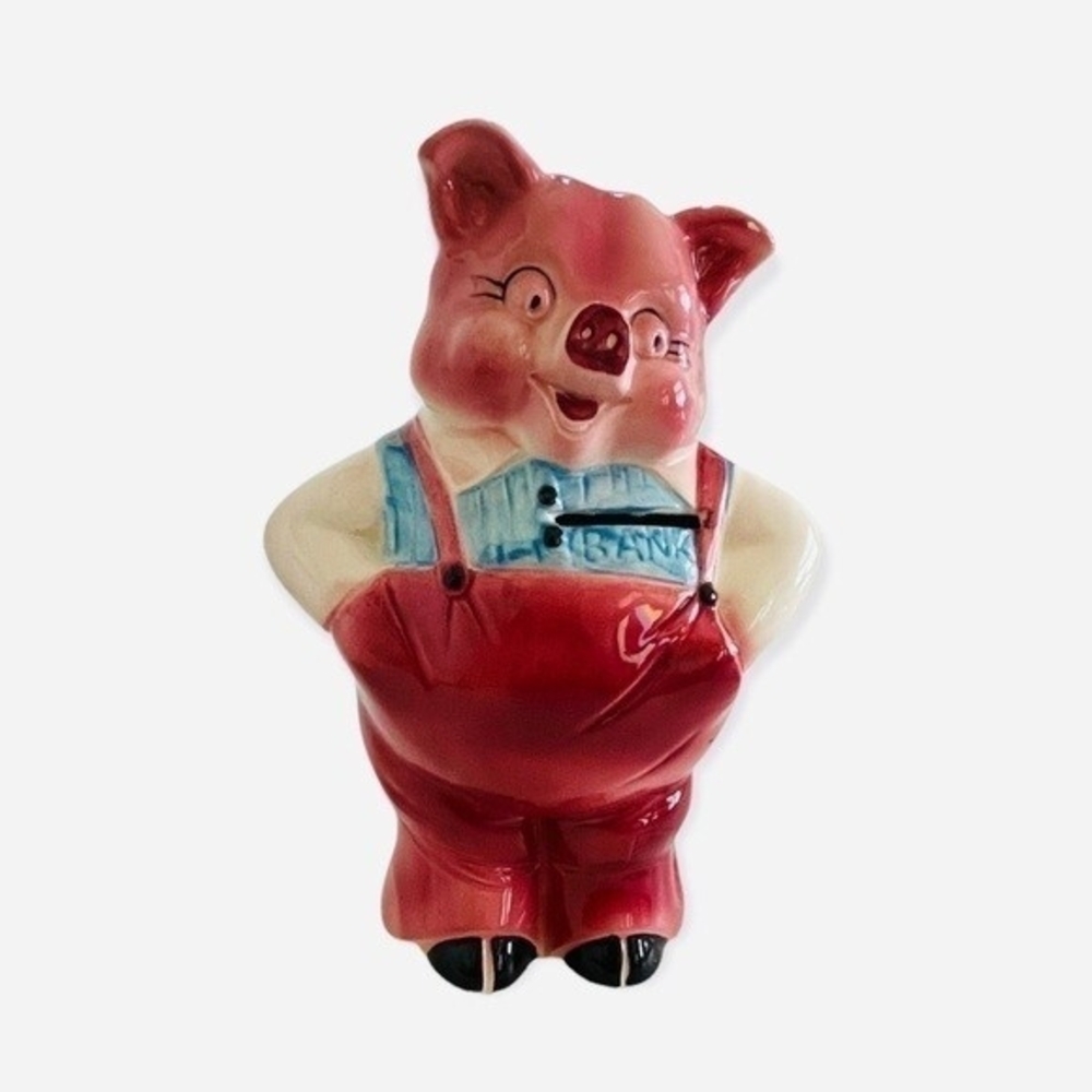 Vintage Pink Ceramic Piggy Bank Hand Painted Japan 7" Collectible Coin Bank Rare